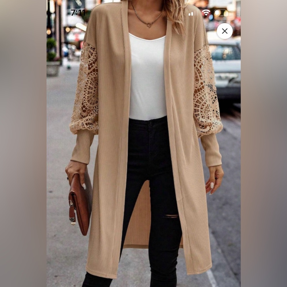 Beige Long Cardigan with Lace Sleeves